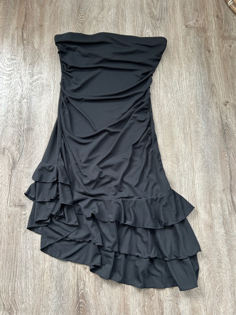 Express Vintage Strapless Black Asymmetrical Ruffle Dress Y2K